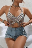 Club Rhinestones Sleeveless Backless Fringed Trim Chains Halter Crop Tops