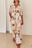 Boho Graphics Print Turndown Collar Short Sleeve Shirt And Wide Leg Pants Vacation Two Pieces Trouser Set
