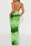 Tie Dye Print Backless Deep V Neck Hollow Out Ruffle Trim Long Formal Party Evening Bodycon Halter Maxi Dress