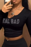 Casual Letters Print V Neck Long Sleeve Hot Drill Low Waist Crop Tops