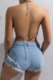 Club Rhinestones Fringed Trim Backless Sleeveless Chain Halter Crop Tops
