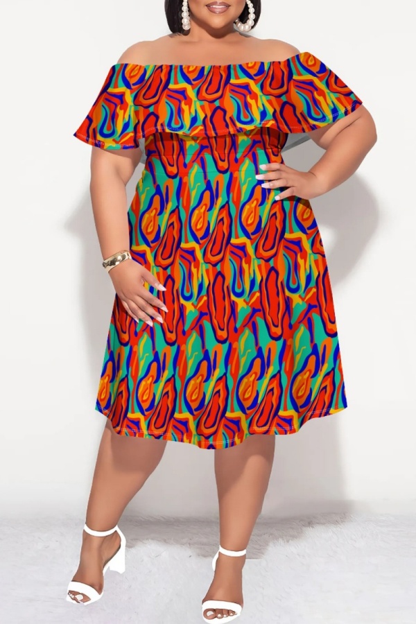 Graphics Print Flutter Sleeve Off Shoulder Backless Ruffled Sleeve Vacation A Line Plus Size Midi Dresses