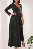 Sequins V Neck Single Sleeve Overlay Formal Party Evening Straight Leg Jumpsuit