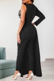 Sequins V Neck Single Sleeve Overlay Formal Party Evening Straight Leg Jumpsuit