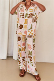 Boho Graphics Print Turndown Collar Short Sleeve Shirt And Wide Leg Pants Vacation Two Pieces Trouser Set