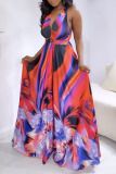 Colorblock Floral Print V Neck Sleeveless Cinch Waist Formal Party Evening Vacation A Line Maxi Flowy Dress