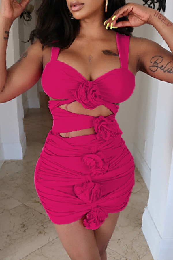 Flowers Decor Sleeveless Backless Hollow Out One Piece Swimsuit Cover Up Mini Skirt Vacation Beach Swimwears