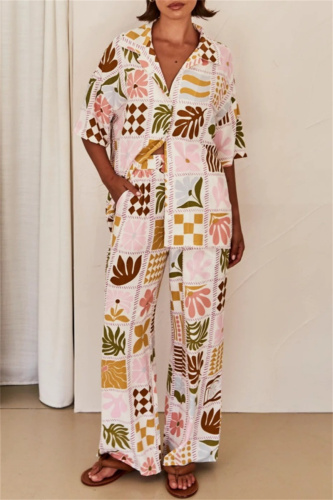 Boho Graphics Print Turndown Collar Short Sleeve Shirt And Wide Leg Pants Vacation Two Pieces Trouser Set