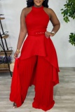 Casual O Neck Sleeveless Irregular Hem With Belt Halter Tops And Pleated Wide Leg Pants Vacation Two Pieces Trouser Sets