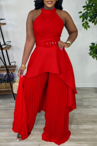 Casual O Neck Sleeveless Irregular Hem With Belt Halter Tops And Pleated Wide Leg Pants Vacation Two Pieces Trouser Sets