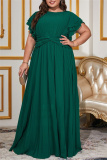 Casual  O Neck Flare Sleeve Cinch Waist Long Formal Party Evening Vacation Plus Size Pleated Maxi Dresses