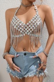 Club Rhinestones Sleeveless Backless Fringed Trim Chains Halter Crop Tops