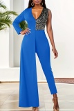 Sequins V Neck Single Sleeve Overlay Formal Party Evening Straight Leg Jumpsuit