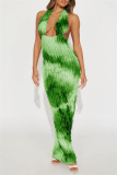 Tie Dye Print Backless Deep V Neck Hollow Out Ruffle Trim Long Formal Party Evening Bodycon Halter Maxi Dress