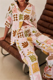 Boho Graphics Print Turndown Collar Short Sleeve Shirt And Wide Leg Pants Vacation Two Pieces Trouser Set