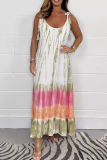 Casual Gradient Print U Neck Sleeveless Fringed Trim Ruffle Hem Ripple Vacation Maxi Slip Dress