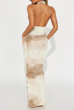 Tie Dye Print Backless Deep V Neck Hollow Out Ruffle Trim Long Formal Party Evening Bodycon Halter Maxi Dress