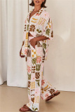 Boho Graphics Print Turndown Collar Short Sleeve Shirt And Wide Leg Pants Vacation Two Pieces Trouser Set
