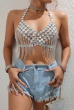 Club Rhinestones Sleeveless Backless Fringed Trim Chains Halter Crop Tops