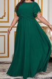 Casual  O Neck Flare Sleeve Cinch Waist Long Formal Party Evening Vacation Plus Size Pleated Maxi Dresses