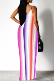 Sexy Ombre Print Backless Spaghetti Strap Floor Length Vacation Baggy Sundress Slip Maxi Dress