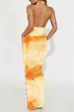 Tie Dye Print Backless Deep V Neck Hollow Out Ruffle Trim Long Formal Party Evening Bodycon Halter Maxi Dress