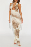 Tie Dye Print Backless Deep V Neck Hollow Out Ruffle Trim Long Formal Party Evening Bodycon Halter Maxi Dress