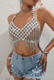 Club Rhinestones Sleeveless Backless Fringed Trim Chains Halter Crop Tops