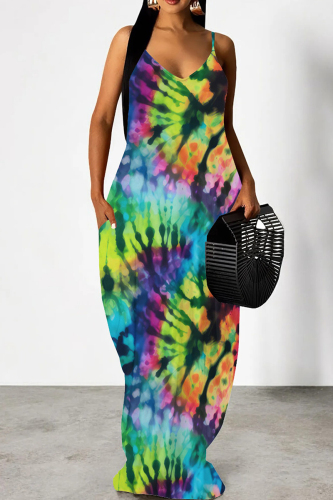 Sexy Graphcis Print Backless Spaghetti Strap Floor Length Vacation Baggy Sundress Slip Maxi Dress
