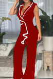 Casual Bandage Patchwork V Neck Regular Jumpsuits