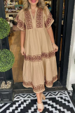 Casual Boho Geometric Print V Neck Ruffle Sleeve A Line Short Sleeve Vacation Midi Dress