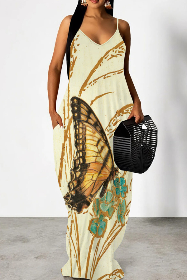 Sexy Graphcis Print Backless Spaghetti Strap Floor Length Vacation Baggy Sundress Slip Maxi Dress