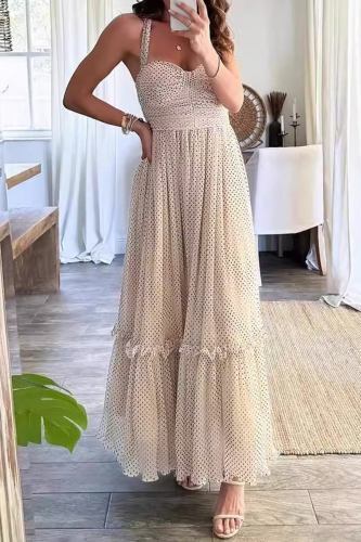 Polka Dot Print Sleeveless Square Neck Lace Up Ruffle Hem Vacation A Line Pleated Maxi Slip Summer Dresses