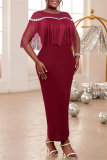 Formal Sleeveless Fringed Trim O Neck Slit Long Formal Party Evening Bodycon Maxi Dress