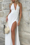 Sleeveless Backless Side Slit Belted Long Formal Party Evening Vacation Halter Maxi Dresses