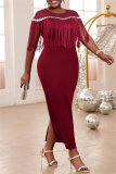 Formal Sleeveless Fringed Trim O Neck Slit Long Formal Party Evening Bodycon Maxi Dress