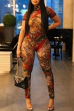 Casual Graphics Print Short Sleeve Half A Turtleneck Night Mesh Sheer Skinny Jumpsuits