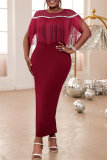 Formal Sleeveless Fringed Trim O Neck Slit Long Formal Party Evening Bodycon Maxi Dress