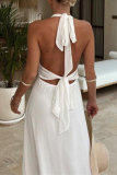 Sleeveless Backless Side Slit Belted Long Formal Party Evening Vacation Halter Maxi Dresses