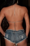 Sexy Sleeveless Backless Night Club Sequins Chains Halter Crop Tank Tops