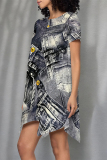 Casual Faux Denim Print O Neck Short Sleeve Irregular Hem Mini T-shirt Dress