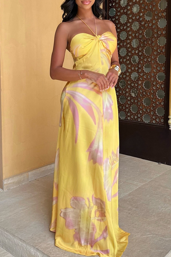 Floral Print Backless Sleeveless Belted Long Vacation Formal Party Evening Halter Maxi Slip Summer Dress