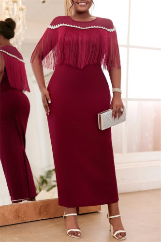 Formal Sleeveless Fringed Trim O Neck Slit Long Formal Party Evening Bodycon Maxi Dress