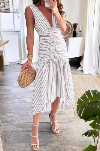 Casual Striped Print V Neck Sleeveless Lace Up Ruched Irregular Ruffle Hem Waist Skirt Vacation Midi Summer Dresses