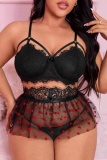 Lace Polka Dot Print Sleeveless See-Through Backless Spaghetti Strap Plus Size Sleepwear Lingerie