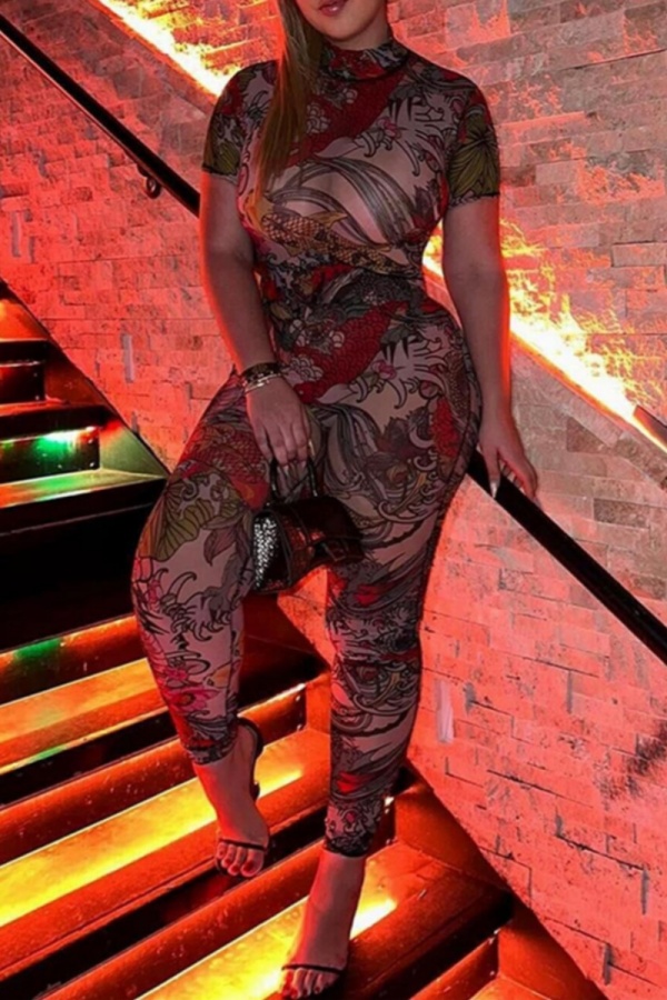 Casual Graphics Print Short Sleeve Half A Turtleneck Night Mesh Sheer Skinny Jumpsuits