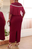 Formal Sleeveless Fringed Trim O Neck Slit Long Formal Party Evening Bodycon Maxi Dress