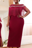 Formal Sleeveless Fringed Trim O Neck Slit Long Formal Party Evening Bodycon Maxi Dress