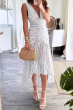 Casual Striped Print V Neck Sleeveless Lace Up Ruched Irregular Ruffle Hem Waist Skirt Vacation Midi Summer Dresses