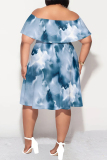 Sexy Tie Dye Print Flutter Sleeve Off Shoulder Backless Vacation A Line Plus Size Midi Dresses